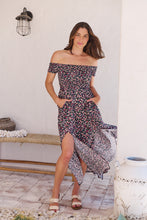 Load image into Gallery viewer, Gigi Shirred off Shoulder Navy Floral Dress