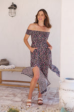 Load image into Gallery viewer, Gigi Shirred off Shoulder Navy Floral Dress