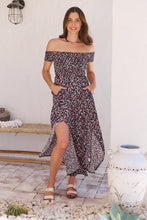 Load image into Gallery viewer, Gigi Shirred off Shoulder Navy Floral Dress