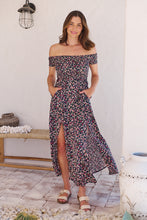 Load image into Gallery viewer, Gigi Shirred off Shoulder Navy Floral Dress