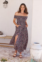 Load image into Gallery viewer, Gigi Shirred off Shoulder Navy Floral Dress