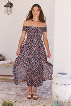Load image into Gallery viewer, Gigi Shirred off Shoulder Navy Floral Dress