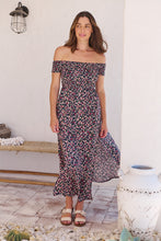 Load image into Gallery viewer, Gigi Shirred off Shoulder Navy Floral Dress