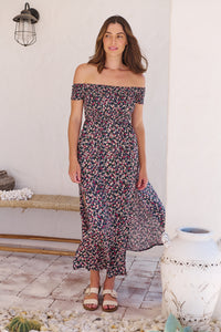 Gigi Shirred off Shoulder Navy Floral Dress