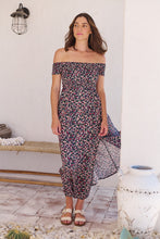 Load image into Gallery viewer, Gigi Shirred off Shoulder Navy Floral Dress