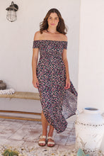 Load image into Gallery viewer, Gigi Shirred off Shoulder Navy Floral Dress