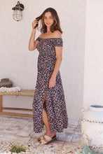 Load image into Gallery viewer, Gigi Shirred off Shoulder Navy Floral Dress