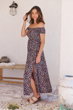 Load image into Gallery viewer, Gigi Shirred off Shoulder Navy Floral Dress