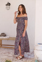 Load image into Gallery viewer, Gigi Shirred off Shoulder Navy Floral Dress