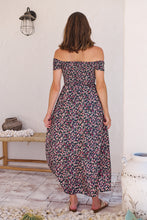 Load image into Gallery viewer, Gigi Shirred off Shoulder Navy Floral Dress