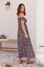 Load image into Gallery viewer, Gigi Shirred off Shoulder Navy Floral Dress