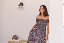 Load image into Gallery viewer, Gigi Shirred off Shoulder Navy Floral Dress