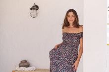 Load image into Gallery viewer, Gigi Shirred off Shoulder Navy Floral Dress