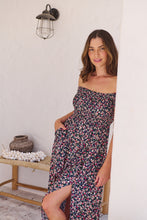 Load image into Gallery viewer, Gigi Shirred off Shoulder Navy Floral Dress
