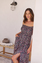 Load image into Gallery viewer, Gigi Shirred off Shoulder Navy Floral Dress