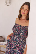 Load image into Gallery viewer, Gigi Shirred off Shoulder Navy Floral Dress
