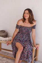 Load image into Gallery viewer, Gigi Shirred off Shoulder Navy Floral Dress
