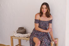Load image into Gallery viewer, Gigi Shirred off Shoulder Navy Floral Dress