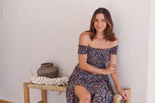 Load image into Gallery viewer, Gigi Shirred off Shoulder Navy Floral Dress