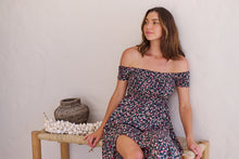 Load image into Gallery viewer, Gigi Shirred off Shoulder Navy Floral Dress