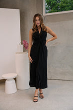 Load image into Gallery viewer, Samara Black Shimmer Crossover Tie Evening Dress