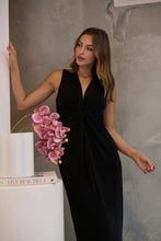 Load image into Gallery viewer, Samara Black Shimmer Crossover Tie Evening Dress