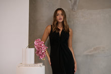 Load image into Gallery viewer, Samara Black Shimmer Crossover Tie Evening Dress