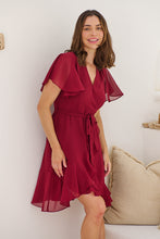 Load image into Gallery viewer, Zahara Chiffon Plum Red Cross Over Tie Waist Evening Dress