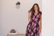 Load image into Gallery viewer, Augustina Black/HOT Pink Floral Button Front Maxi Dress