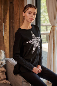 Leo Star Leopard Print Black Long Sleeve Top