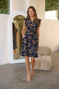 Maggie Navy/Red/Brown Floral Midi Dress