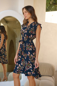 Maggie Navy/Red/Brown Floral Midi Dress