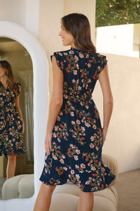Maggie Navy/Red/Brown Floral Midi Dress