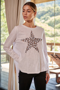 Leo Star Leopard Brown Print White Long Sleeve Top