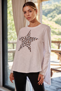 Leo Star Leopard Brown Print White Long Sleeve Top