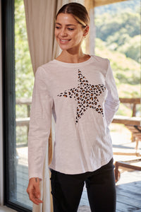 Leo Star Leopard Brown Print White Long Sleeve Top