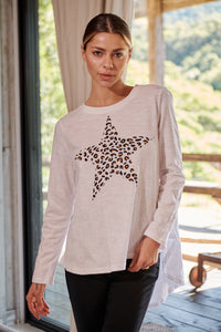 Leo Star Leopard Brown Print White Long Sleeve Top