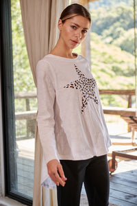 Leo Star Leopard Brown Print White Long Sleeve Top