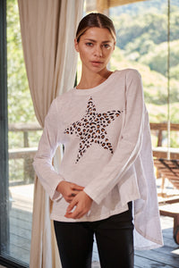Leo Star Leopard Brown Print White Long Sleeve Top
