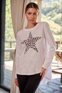 Leo Star Leopard Brown Print White Long Sleeve Top