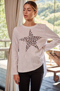 Leo Star Leopard Brown Print White Long Sleeve Top