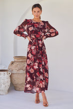 Load image into Gallery viewer, Evora Burgundy Floral Chiffon Evening Dress