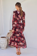Load image into Gallery viewer, Evora Burgundy Floral Chiffon Evening Dress