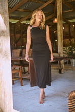 Load image into Gallery viewer, Rina Brooch Gathered Front Black Evening Dress
