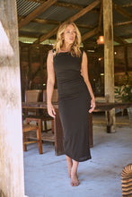 Load image into Gallery viewer, Rina Brooch Gathered Front Black Evening Dress