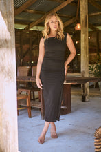 Load image into Gallery viewer, Rina Brooch Gathered Front Black Evening Dress