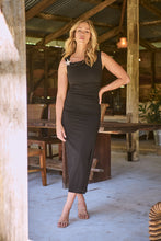 Load image into Gallery viewer, Rina Brooch Gathered Front Black Evening Dress