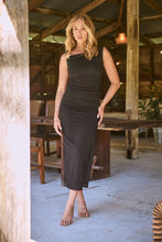 Load image into Gallery viewer, Rina Brooch Gathered Front Black Evening Dress
