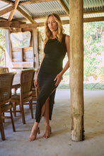 Load image into Gallery viewer, Rina Brooch Gathered Front Black Evening Dress