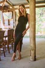 Load image into Gallery viewer, Rina Brooch Gathered Front Black Evening Dress